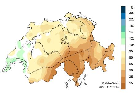 Carte de la Suisse montrant les anomalies de précipitations en novembre 2022.
