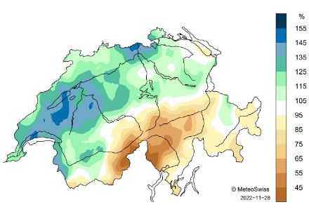 Carte suisse montrant les anomalies des précipitations en automne 2022. 
