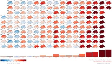 Ecart de température moyenne annuelle en Suisse par rapport à la moyenne sur la période 1871-1900, en bleu les années plus froides et en rouge les années plus chaudes, de 1864 à 2021 (valeur provisoire pour 2022 car données seulement jusqu’au mois d’octobre). 