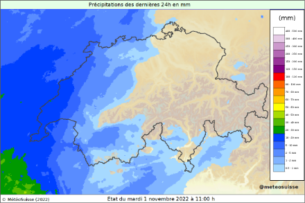 Figure 1. Précipitations relevées au cours des dernières 24 heures entre le 31 octobre à 11h00 et le 1er novembre à 11h00. Il a surtout plu sur la moitié occidentale de la Suisse.