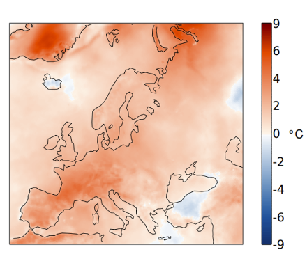Figure 2. Répartition spatiale de la température en octobre 2022 en Europe. L’écart (en °C) à la norme 1991-2020 est représenté. Source : Copernicus