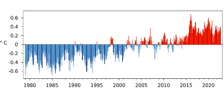 Figure 3. Anomalie mensuelle de la température moyenne mondiale de janvier 1979 à octobre 2022 par rapport à la norme 1991-2020. Les barres noires indiquent les mois d’octobre. Source : Copernicus.