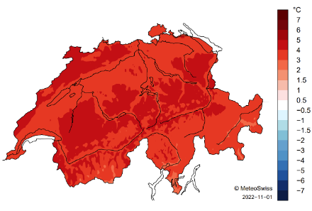 Figure 4. Répartition spatiale de la température moyenne en octobre 2022, en tant qu’écart (en °C) à la norme 1991-2020. Source : MétéoSuisse