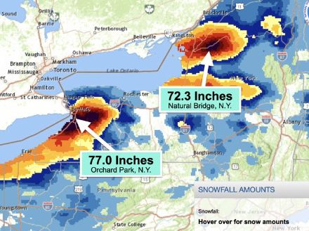 Quantités de neige tombées dans la région des Grands Lacs aux Etats-Unis : 77 inches (pouces) près de Buffalo, 195 cm; 183 cm près du Lac Ontario