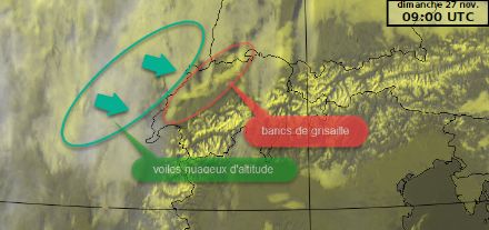 Figure 2 : image satellite visible de la couche de grisaille ce matin dimanche 27 nov entourée en rouge et l'arrivée depuis l'ouest de passages nuageux d'altitude liés au front chaud passant en marge, entourés en vert