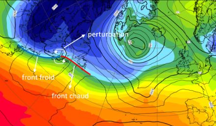 Figure 4 : 20 novembre 2022 à 12 UTC, pression réduite au niveau de la mer (contours noirs, labels en hPa) et température moyenne entre environ le niveau de la mer et 5000 m d’altitude (couleurs qualitatives, chaud vers le rouge et froid vers le bleu).