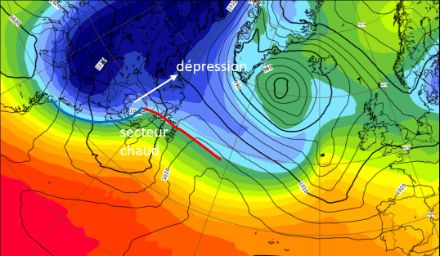 Figure 5 : 20 novembre 2022 à 18 UTC, pression réduite au niveau de la mer (contours noirs, labels en hPa) et température moyenne entre environ le niveau de la mer et 5000 m d’altitude (couleurs qualitatives, chaud vers le rouge et froid vers le bleu). 