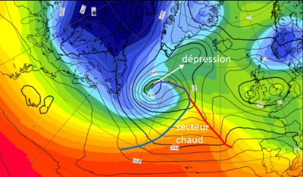 Figure 6 : 22 novembre 2022 à 00 UTC, pression réduite au niveau de la mer (contours noirs, labels en hPa) et température moyenne entre environ le niveau de la mer et 5000 m d’altitude (couleurs qualitatives, chaud vers le rouge et froid vers le bleu).