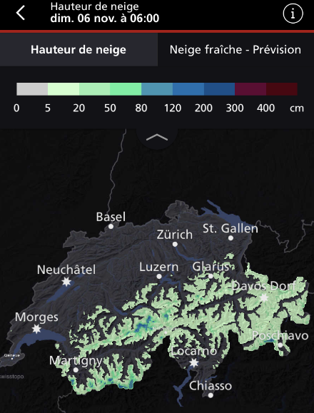 Figure 1 : hauteur de neige estimée à 06 h le 06 novembre. Source : App de MétéoSuisse, accessible sous « Sports et santé », puis « Neige ». Données du SLF disponible sur : https://whiterisk.ch/en/snow/depth