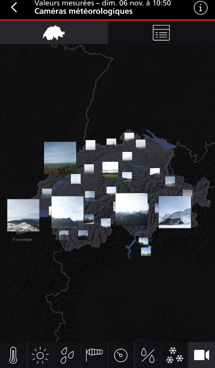 Figure 2 webcams de MétéoSuisse. Source : App de MétéoSuisse, accessible sous « Valeurs mesurées », puis cliquer sur le symbole caméra en bas à droite. En cliquant sur une image, vous pouvez voir une animation des dernières 24 h pour chaque webcam. A noter que la plupart ont maintenant un mode nocturne.
