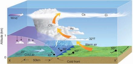 Figure 3 : schéma conceptuel d’un front froid. L’air froid à gauche force l’air chaud à droite à monter, ce qui conduit à la formation d’un nuage étendu verticalement et de précipitations. Ce nuage peut être un Cumulonimbus et donner lieu à des orages, comme c’était le cas hier légèrement au sud-ouest de la Suisse. Si la masse d’air n’est pas assez instable, cela peut donner un Nimbostratus. Le vent d’altitude associé au jet stream qui est souvent présent au-dessus d’une zone frontale, peut transporter les cristaux de glace en amont du front : c’est pourquoi des nuages élevés précèdent souvent un front. A l’avant du front, le vent a souvent tendance à être de secteur sud-ouest, alors qu’il bascule au nord-ouest à l’arrière. A noter que cela reste un schéma conceptuel : chaque front froid est différent et les conditions peuvent varier fortement d’un front à l’autre. Source : Ahrens, « Meteorology Today », 2009.