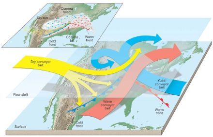 Figure 2 : Modèle conceptuel des ceintures d’écoulement. En rouge, la ceinture chaude, en bleu la ceinture froide et en jaune la ceinture sèche. La structure typique en virgule des nuages autour d’une dépression est représentée en haut en blanc. 