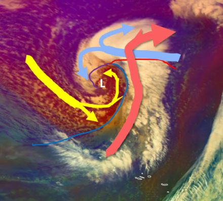 Figure 3 : Illustration du modèle des ceintures d’écoulement sur une dépression au milieu de l’Atlantique Nord le 12 novembre à 00 UTC. Les couleurs des ceintures et des fronts sont les mêmes que dans la Figure 2. A noter que dans cet exemple, la dépression est à un stade plus avancé et présente un front occlus.