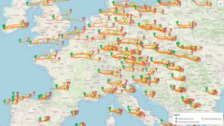 Trajectoires des sondes lancées entre le 27.12.22 à 12UTC et le 29.12.22 à 00UTC. Les points verts indiquent la position de départ, les points jaunes celle où le ballon a éclaté, les points rouges celle où les données ont été reçues en dernier.