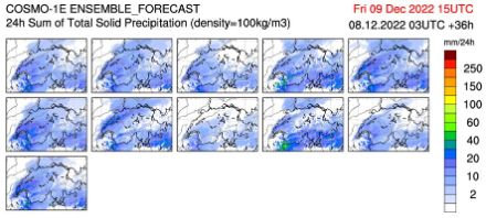 Quantité de neige prévue en 24h par les différents 11 membres du modèle COSMO-1E jusqu’au vendredi 9 décembre à 13h00. Les quantités de neige varient fortement selon les membres. Dans presque tous les membres, c’est le quart sud-ouest de la Suisse qui semble est la région la plus concernée. 