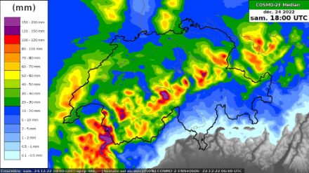 Carte des cumuls de précipitations en Suisse du jeudi 22 décembre au samedi 24 décembre.