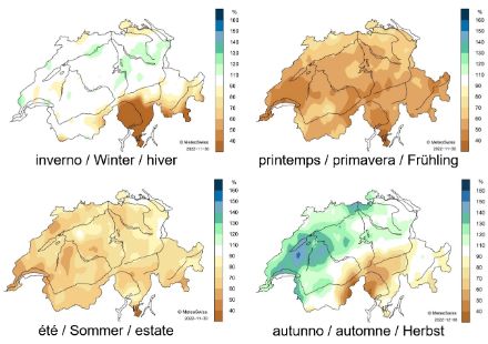 Cartes des précipitations en Suisse des quatre saisons : hiver, printemps, été et automne