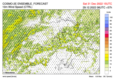 Vent moyen (en nœuds) prévu pour le samedi 31.12.2022 à 15 h UTC. Modèle COSMO-2E Contrôle.