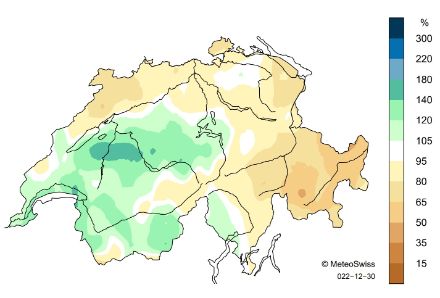 Carte de la répartition des précipitations en % de la norme en décembre.