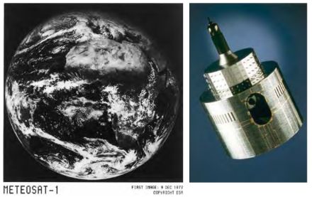 Fig. 2 : La première image fournie par le satellite Meteosat 1 de première génération le 9 décembre 1977. Notez la différence de qualité et de détails entre cette image et celle de la Fig. 1