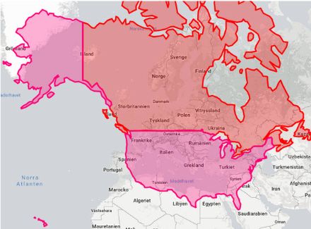 Figure 1 : superposition du continent nord-américain sur le continent européen aux latitudes correspondantes