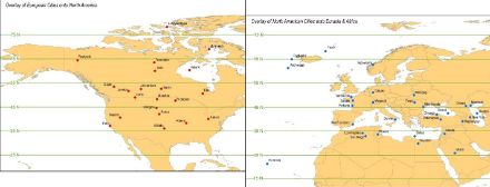 Superposition des villes européennes sur le continent nord-américain et des villes américaines sur le continent européen