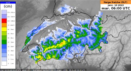 Carte des cumuls de neige fraîche (en cm) prévus par le modèle du SLF jusqu’à mardi 08.01.2023 6 h UTC.