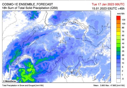 Quantités de précipitations sous forme solide (neige ou grésil) prévues entre 6h et minuit lundi 16 janvier. Les millimètres indiqués peuvent être grosso modo convertis en cm de neige, même s'il s'agit probablement d'une surestimation.