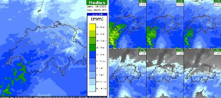 Cumuls de précipitations (en mm) sur 24 heures pour le mardi 17.01.2023. Percentiles 0, 10, 25, 50 (médiane), 75, 90 et 100. Modèle COSMO-2E. 