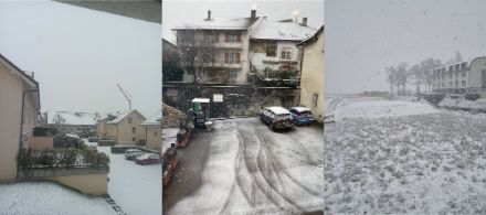 Quelques chutes de neige à Chavannes-de-Bogis, Cossonay-Ville et Martigny (de gauche à droite) le lundi 16.01.2023