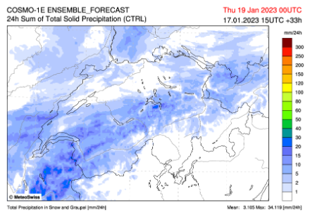 Figure 5 : Cumuls de neige prévus sur 24 heures par le modèle Cosmo-1E pour la journée du mercredi 18 janvier 2023 (run du mardi 17 janvier à 15 UTC).