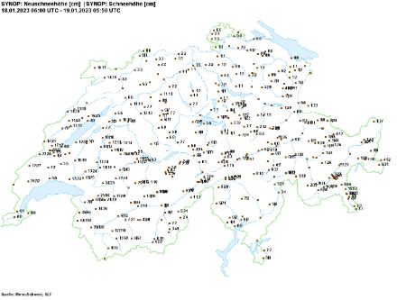 Figure 2 : Cumuls de neige enregistrés aux stations de mesure de neige de MétéoSuisse et du SLF ce matin à 7 heures locales. Le chiffre à gauche correspond à la neige fraîche sur 24h et le chiffre de droite à la neige gisante au sol.