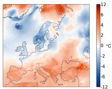 Figure 2. Répartition spatiale de la température en décembre 2022 en Europe. L’écart (en °C) à la norme 1991-2020 est représenté. Source : Copernicus Climate Change Service/ECMWF