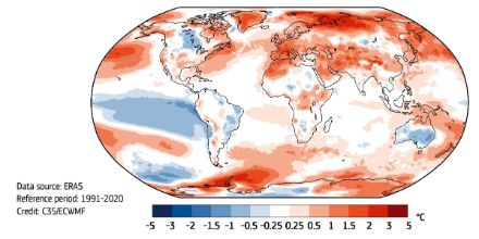 Figure 3. Distribution mondiale et européenne de la température en 2022. L’écart (en °C) à la norme 1991-2020 est représenté. Source : Copernicus Climate Change Service/ECMWF