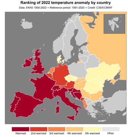 Figure 4. Classement de la température en 2022 par pays depuis 1950 selon les données ERA5. En rouge, il s’agit de l’année la plus chaude. En gris, l’année 2022 ne fait pas partie des 5 années les plus chaudes. Source : Copernicus Climate Change Service/ECMWF