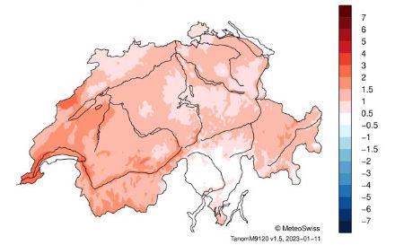 Figure 6. Répartition en Suisse de la température en décembre 2022. L’écart (en °C) à la norme 1991-2020 est représenté. Source : MétéoSuisse
