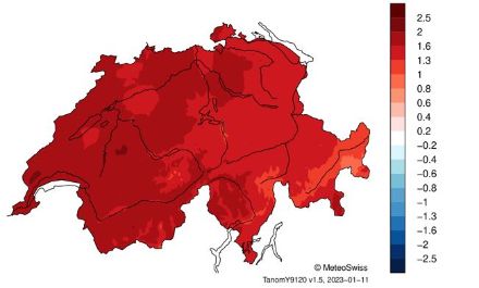Figure 7. Répartition en Suisse de la température en 2022. L’écart (en °C) à la norme 1991-2020 est représenté. Source : MétéoSuisse