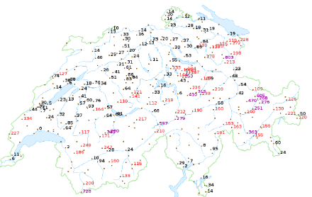 Figure 1. Cumul de neige fraîche (en cm) sur un an en 2022 pour une sélection de stations (sources : MétéoSuisse et SLF) 