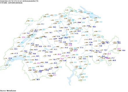 Carte des températuresminimales en Suisse du 1er au 22 janvier 2023.
