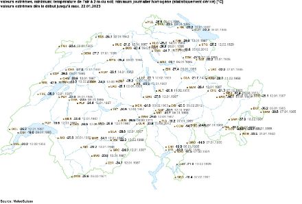 Carte des records de froids en Suisse.