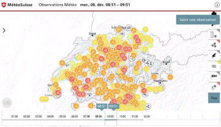 Capture d'écran de la page "Observation Météo" de l'application MétéoSuisse