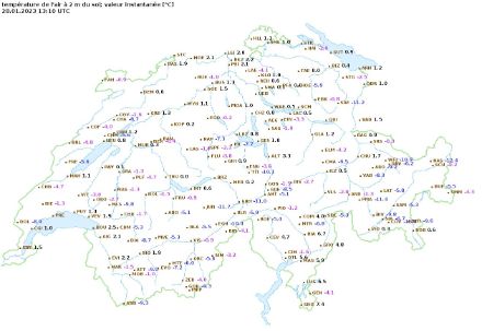 Température de l'air à 2 m du sol, samedi 28 janvier 2023, 14h locales