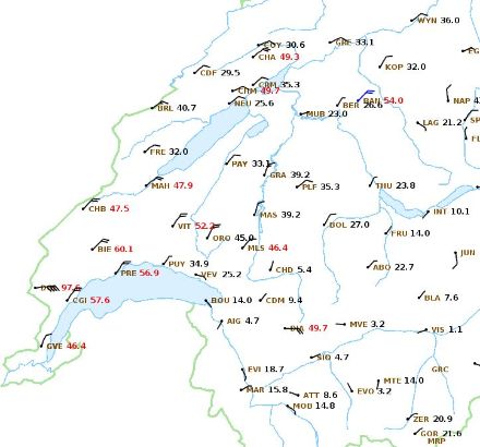 Carte de la direction et de la vitesse du vent, samedi 28.02.23 à 14h