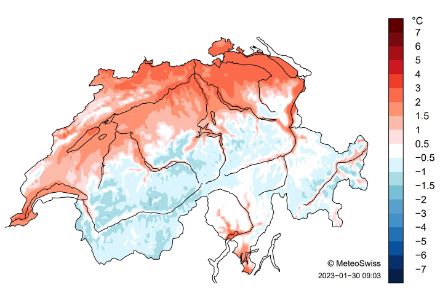 Carte de la Suisse sur la température en janvier.