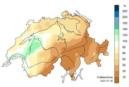 Carte de la Suisse sur les précipitations en janvier.