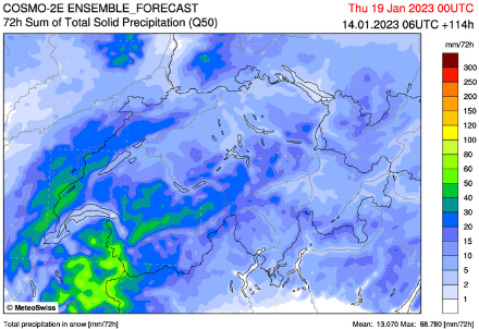Figure 2 : cumul de neige entre lundi et mercredi (médiane des 21 scénarios du modèle COSMO-2E). L’échelle montre l’équivalent en eau liquide en mm/72h. On peut dire que 1 mm de pluie correspond plus ou moins à 1 cm de neige, l’échelle peut donc être lue approximativement en cm de neige sur 72 h. Toutefois, cela représente la somme de la neige fraîche entre lundi et mercredi. Il est clair que la neige se tasse en 3 jours et que donc la hauteur de neige fraîche au sol d’ici jeudi sera inférieure à ces valeurs. 