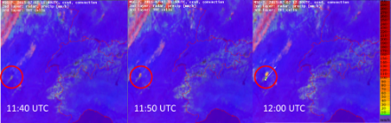 Fig. 3 : exemple de détection précoce d’une cellule orageuse à l’aide d’images satellites. À 11 h 40 UTC le 7 juillet 2015, les informations satellitaires ont permis d’identifier une cellule orageuse apparaissant sur la France. Le radar météorologique n’a décelé la même cellule qu’à 12 h UTC (la flèche blanche sur l’image de droite montre le déplacement estimé de la cellule orageuse, sur la base des données radar). L’orage s’est effectivement développé et a atteint quelques heures plus tard la région genevoise.