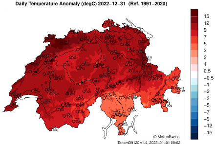 Ecart de température moyenne journalière en °C pour le 31 décembre 2022 par rapport à la norme de la période 1991-2020. Plus la couleur tend vers le rouge foncé, plus l'écart est grand et l'anomalie thermique importante.