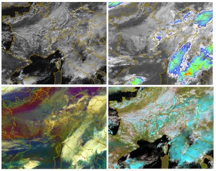 Fig. 4 : La nébulosité au-dessus de l’Europe le 25 septembre 2022 vers midi. En haut à gauche, ce que verrait un astronaute en orbite, les nuages étant tous dans différentes nuances de gris. En haut à droite, images fournies par le capteur IR10.5, qui est sensible au rayonnement infrarouge. Les tons gris indiquent des nuages bas, les tons bleu-vert des nuages atteignant des altitudes élevées. En bas à gauche et à droite, les mêmes nuages sont colorés artificiellement pour mettre en évidence leurs différentes caractéristiques.