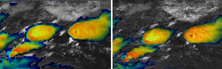 Fig. 2 Les satellites de troisième génération vont amener une amélioration de la résolution spatiale, ce qui permettra une meilleure identification des structures nuageuses. À gauche, une image de cumulonimbus tels qu’on les voit aujourd’hui avec les satellites de deuxième génération, à droite ce que l’on attend avec ceux de troisième génération 